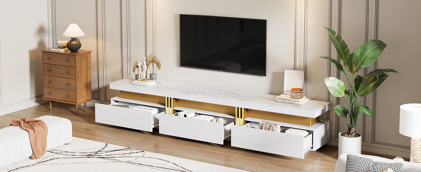 N625P213324325W Modern Lowboard TV Cabinet With Marble Look, TV Board, TV Chest Of Drawers, 200 X 40 X 42 Cm - For TVs Up To 90 Inches, Three Drawers And 1 Cable Management
