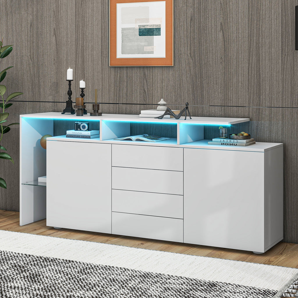 Chest Of Drawers, Sideboard With LED, Living Room Furniture In White High Gloss, Living Room Cabinet, Floor Standing Cabinet, TV Cabinet, Living Room Wall, Highboard, Multi-purpose Cabinet