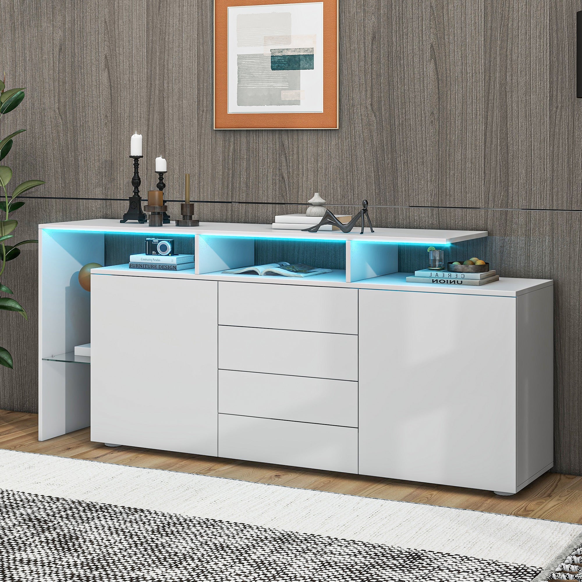 Chest Of Drawers, Sideboard With LED, Living Room Furniture In White High Gloss, Living Room Cabinet, Floor Standing Cabinet, TV Cabinet, Living Room Wall, Highboard, Multi-purpose Cabinet