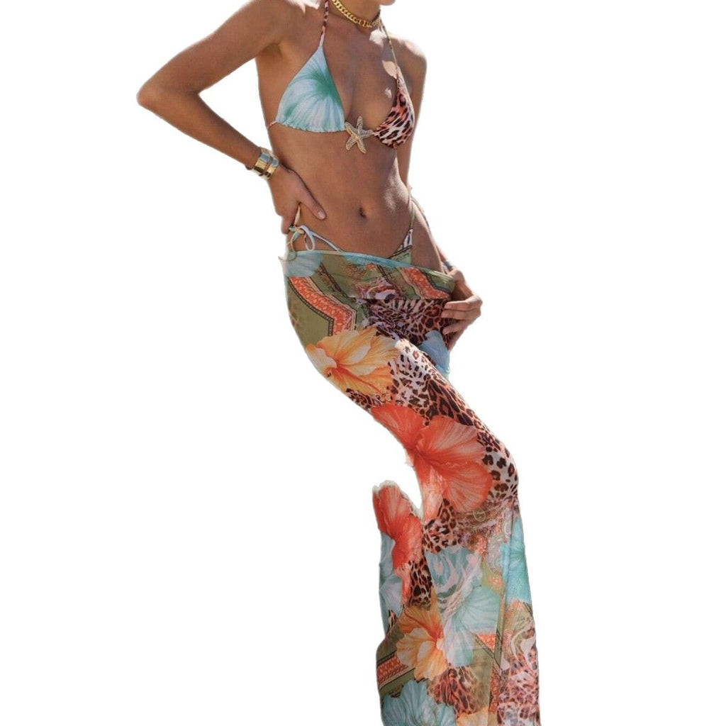 European And American-style Floral-print Triangle-bra Sexy Quick-drying Cover-up Maxi Dress Bikini Three-piece Set