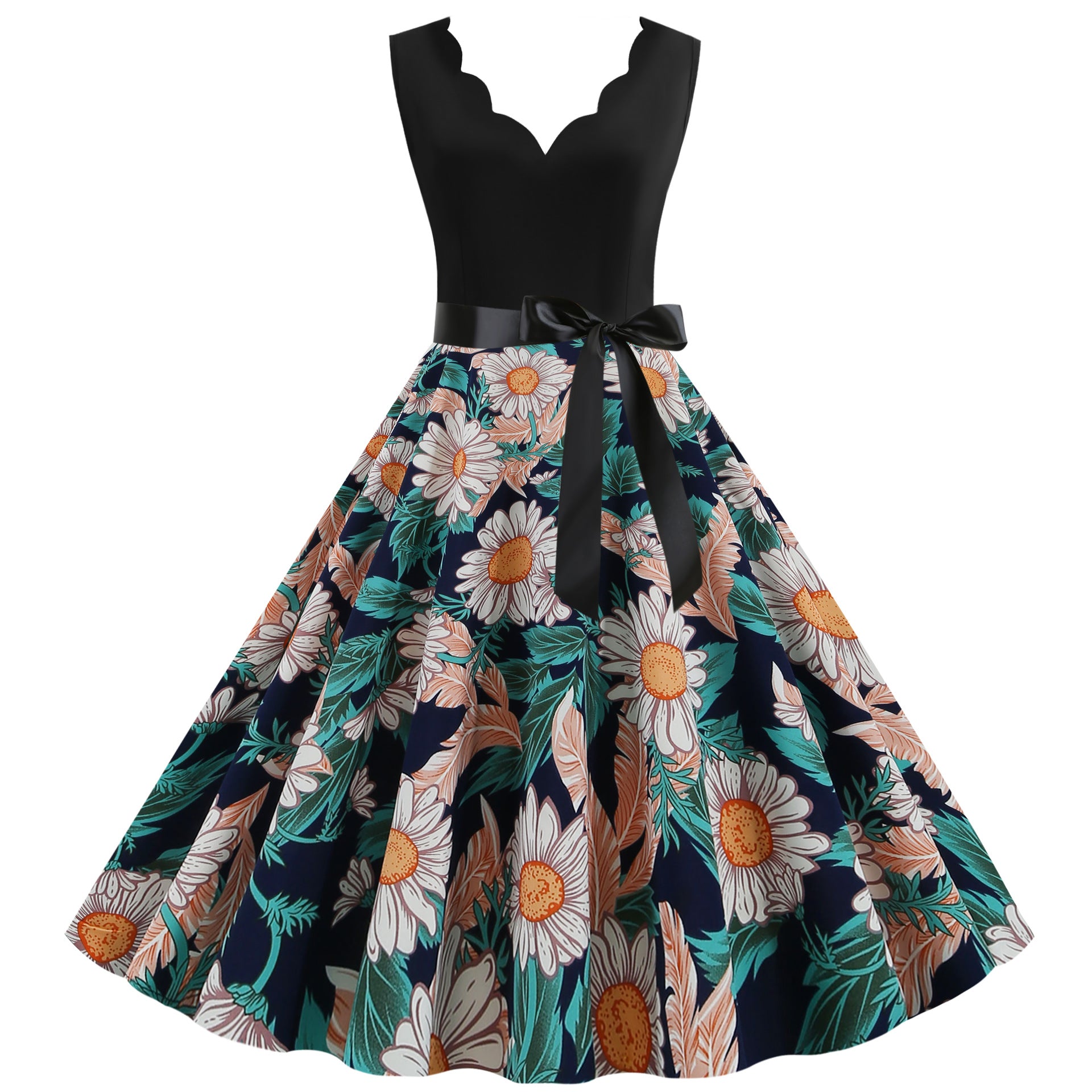 Sleeveless V-neck Smocked Digital-print Swing Dress
