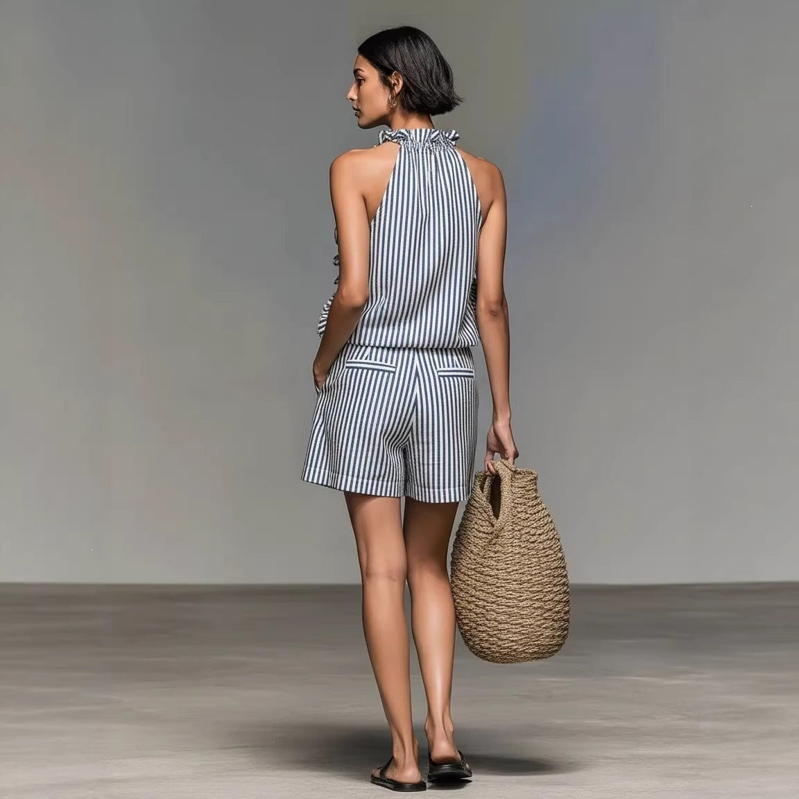 Casual Sleeveless Striped Lace T-shirt Top And Shorts