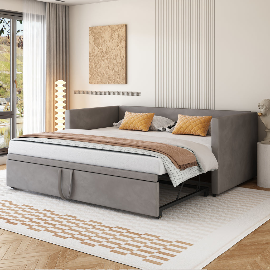 Upholstered Bed Pull-Out Sofa Bed 90 180x200 Cm With Slatted Frames, Multifunction Bed Made Of Skin-Friendly Velvet Fabric Gray