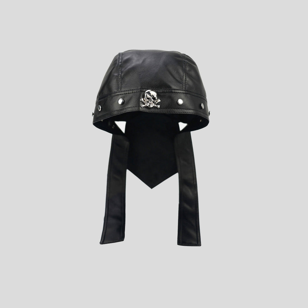 Men's And Women's Size. Black PU Leather Skull Rivet Ribbon Street Punk Style Pirate Hat. Suitable For Motorcycle Outfits. Daily Personalized Ear Protection Hat.