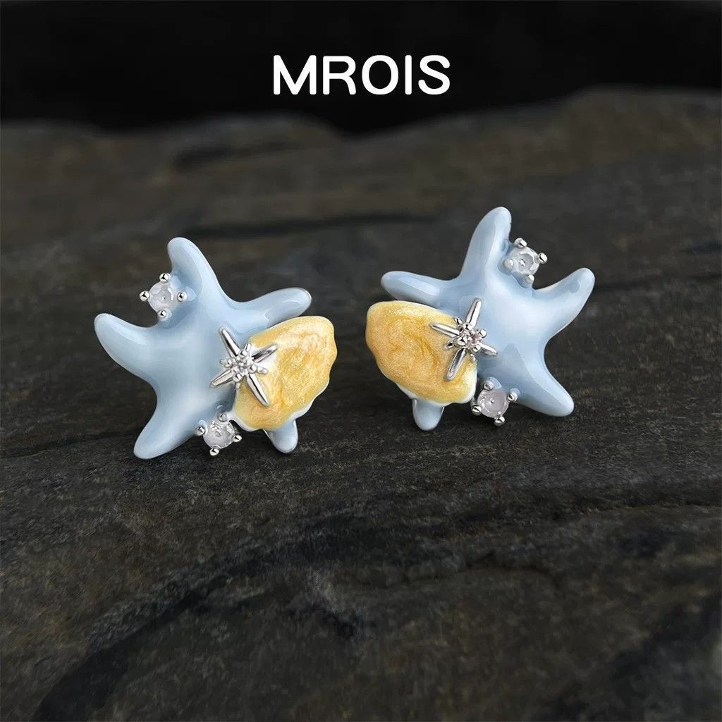 Original Designed Enamel Glaze Creamy Blue Starfish & Shell Zircon Stud Earrings, Niche Personalized Light Luxury High-End Ear Jewelry For Women