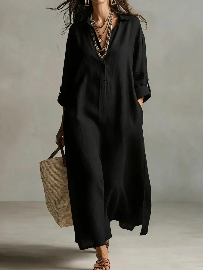 A Beige Linen Shirt Dress With A Relaxed French Vacation Vibe, Featuring A Turned-down Collar With A Half-placket, Rolled-up Sleeves, Side-slit Pockets, And A Long Shirt Dress Designperfect For Trave