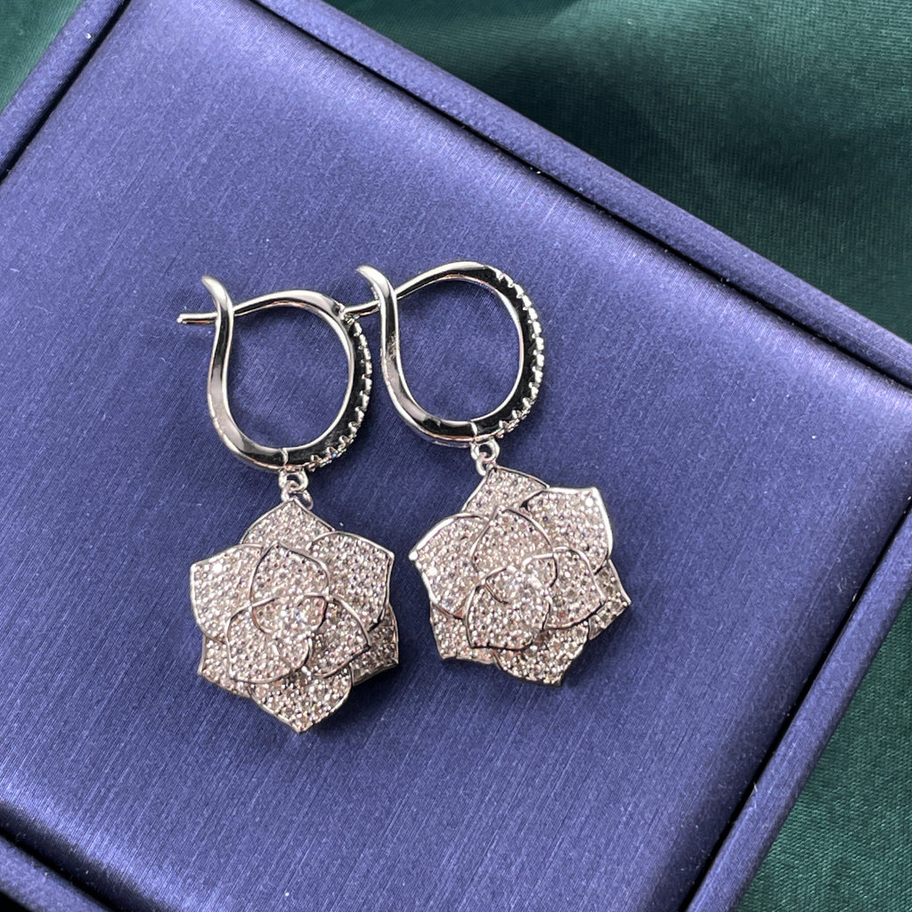 S925 Sterling Silver Rose Drop Earrings, D-VVS1 Moissanite Pave Lever-Back Dangle, Platinum Plated 10.2g Fine Jewelry Gift Box