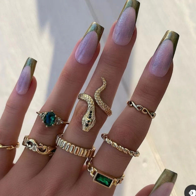 Vintage Emerald And Diamond Snake-Shaped Gemstone Ring Set
