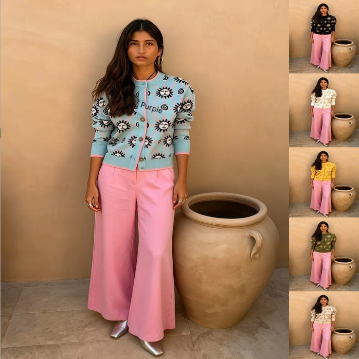 Spring And Autumn Vintage Knit Cardigan Paired With Draped Wide-leg Pants