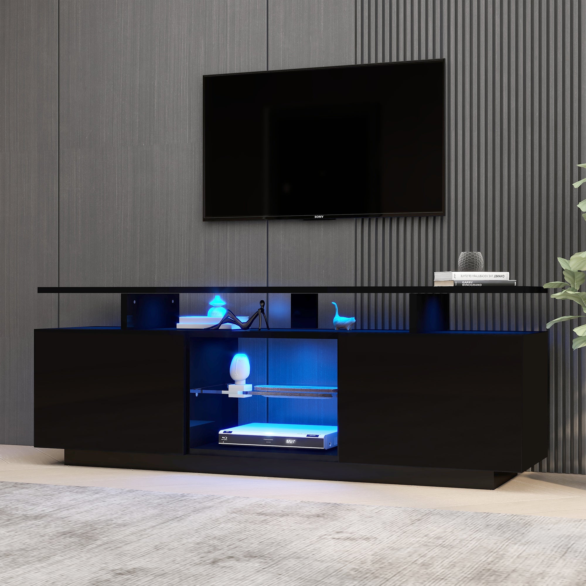 312074075AAB Black TV Cabinet With 16-Color LED Lighting, 1.4 M Length  Stylish -Storage Cabinet For 60-Inch TV, 16-Color Light Strip, High-Gloss Door Panel With Glass Compartment, TV Board