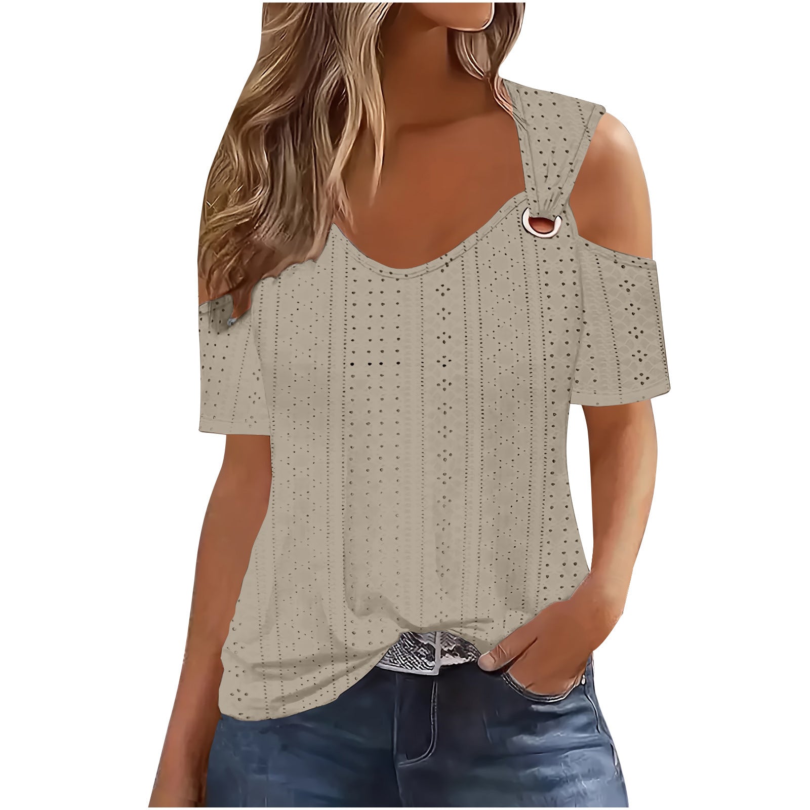 European And American-style Fitted Casual Short-sleeve Womens T-shirt With A Slit Neckline