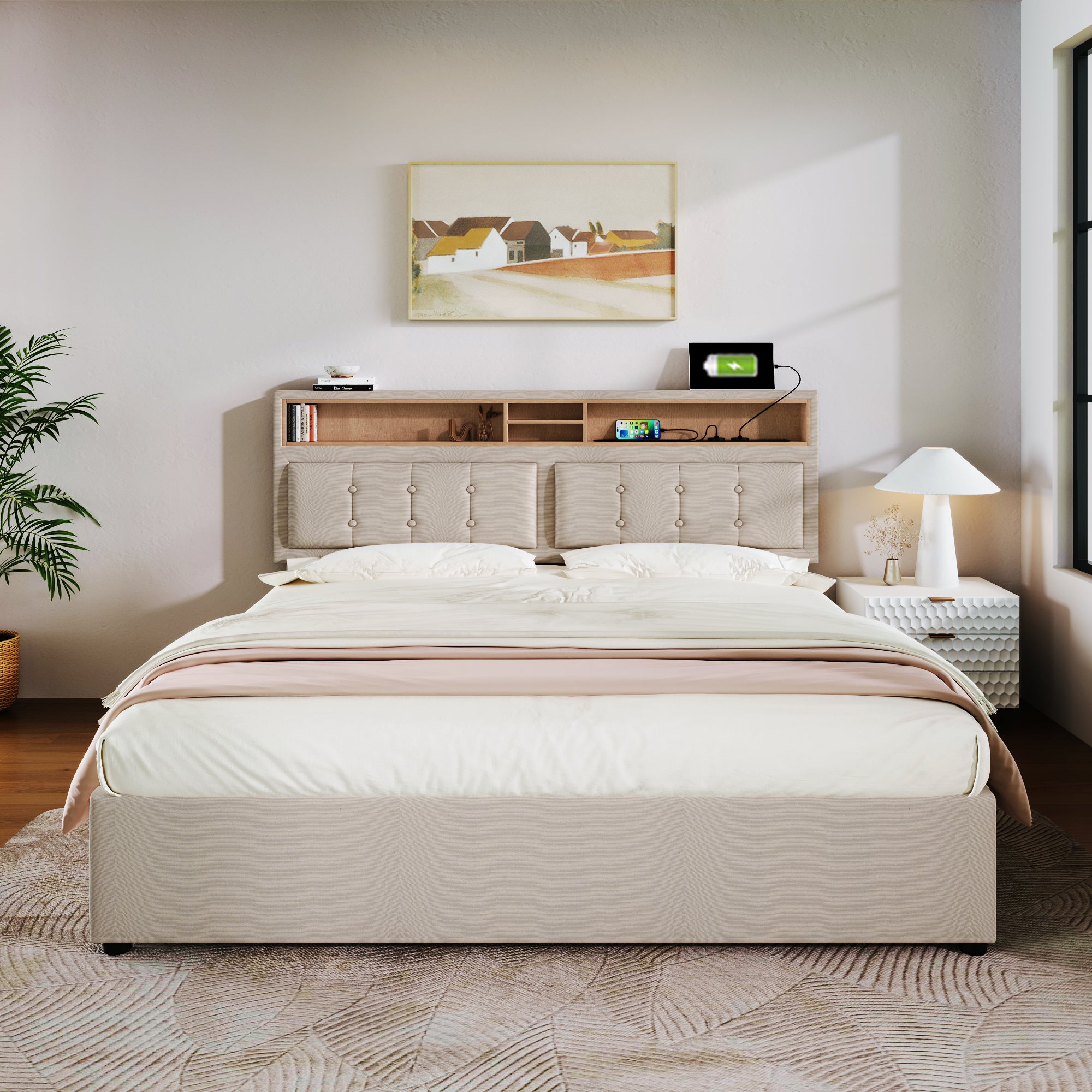 Double Bed With 4 Drawers & USB C Socket, Upholstered Bed 140x200cm, Height-adjustable Headboard, Wooden Slatted Frame  Without Mattress