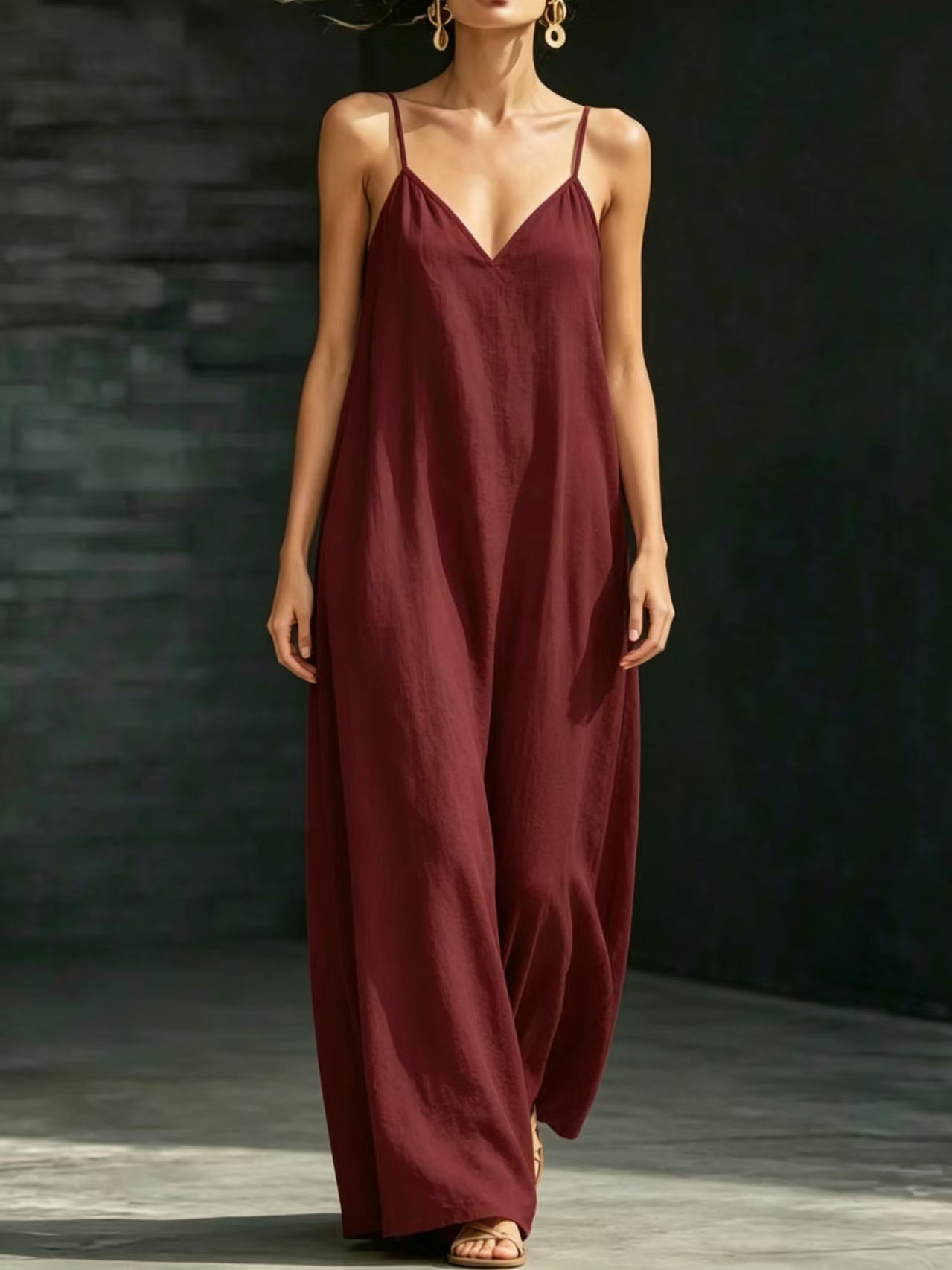 Solid Color V Neck Spaghetti Strap Maxi Dress Women Casual Flared Hem Long Dress