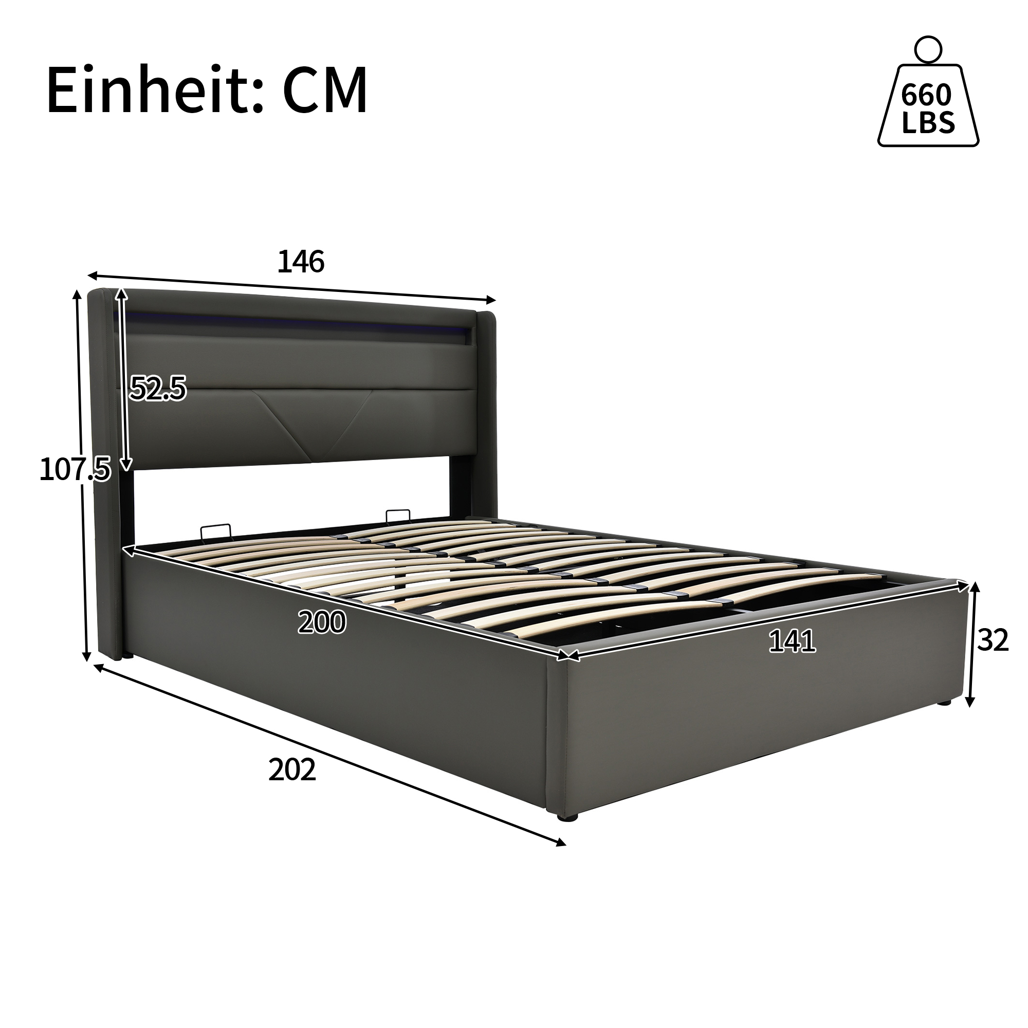 Hydraulic Storage Bed With LED Lighting Strip, Double Bed Bed Frame Upholstered Bed 140x200cm, Functional Bed, Grey  With Remote Control