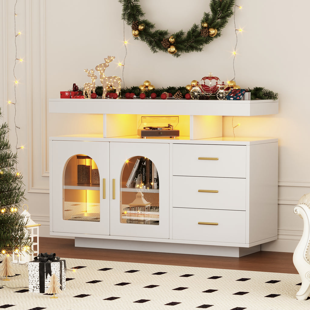 323704705WAA LED Sideboard Buffet Cabinet, 120cm Coffee Bar Cabinet, Drawer Cabinet, Sideboard Living Room, High Gloss Kitchen Cabinet With 16 Color Lights For Dining Room  White