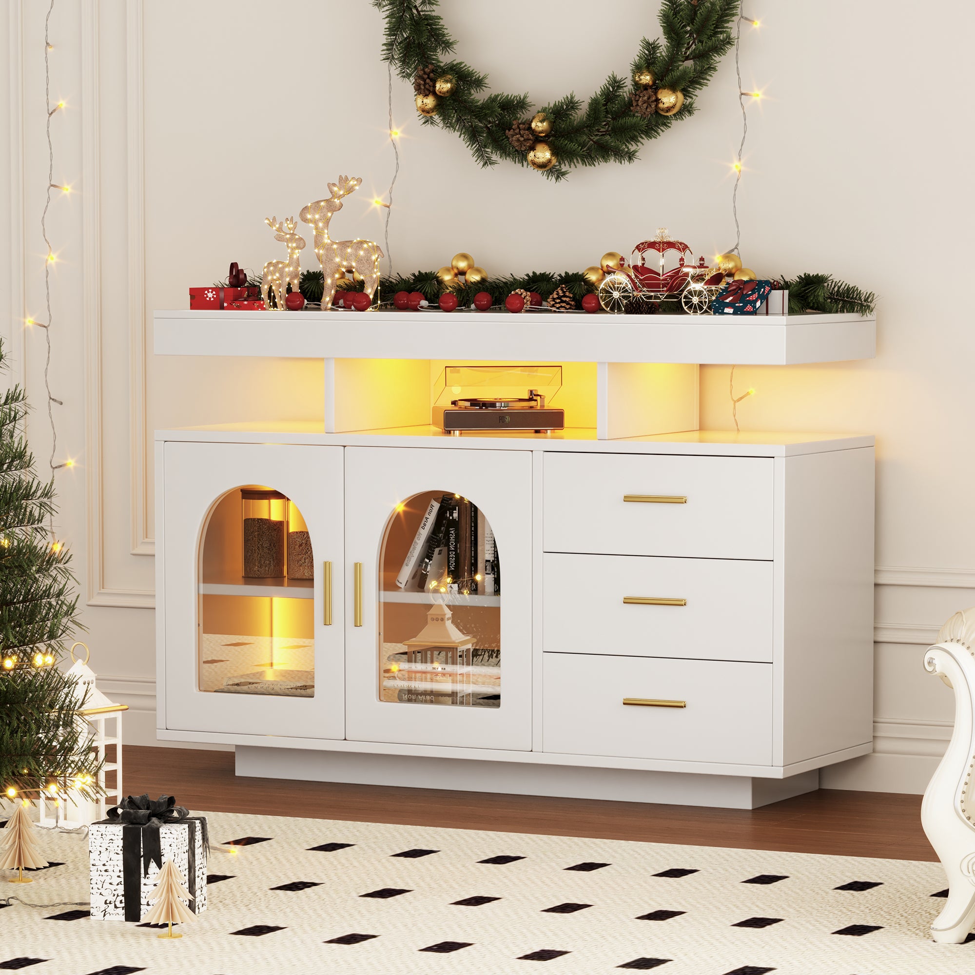 323704705WAA LED Sideboard Buffet Cabinet, 120cm Coffee Bar Cabinet, Drawer Cabinet, Sideboard Living Room, High Gloss Kitchen Cabinet With 16 Color Lights For Dining Room  White
