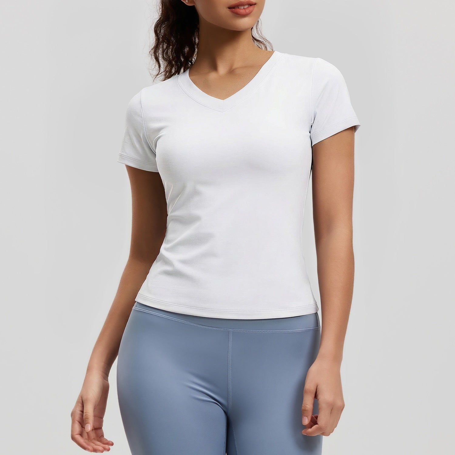 Peach-Color Basic V-Neck Short-Sleeve Sports Yoga Top For Women
