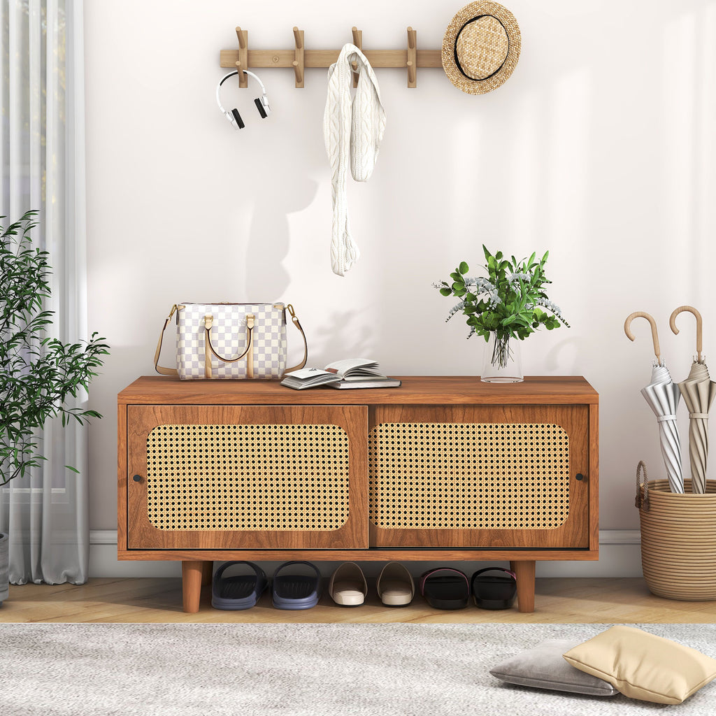 Rattan Shoe Cabinet With 2 Doors With Adjustable Shelf Walnut Color Shapely Shoe Cabinet For Hallway, Living Room And Bedroom, 104x40x48 C