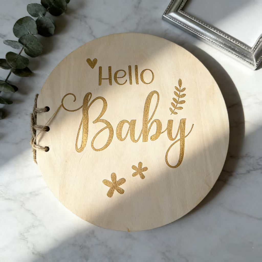 Hello Baby Round Wooden Baby Shower Book, Laser Engraved Natural Wood Newborn Guest Book, Rustic Circular Sign Notebook For Gender Reveal Maternity Photography Prop Nursery Decor Gift