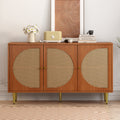 Sideboard With 3 Rattan Decorated Doors Chest Of Drawers Highboard With Metal Handles, For Bedroom & Living Rooms & Office, Walnut 129.8x 40x 76cm