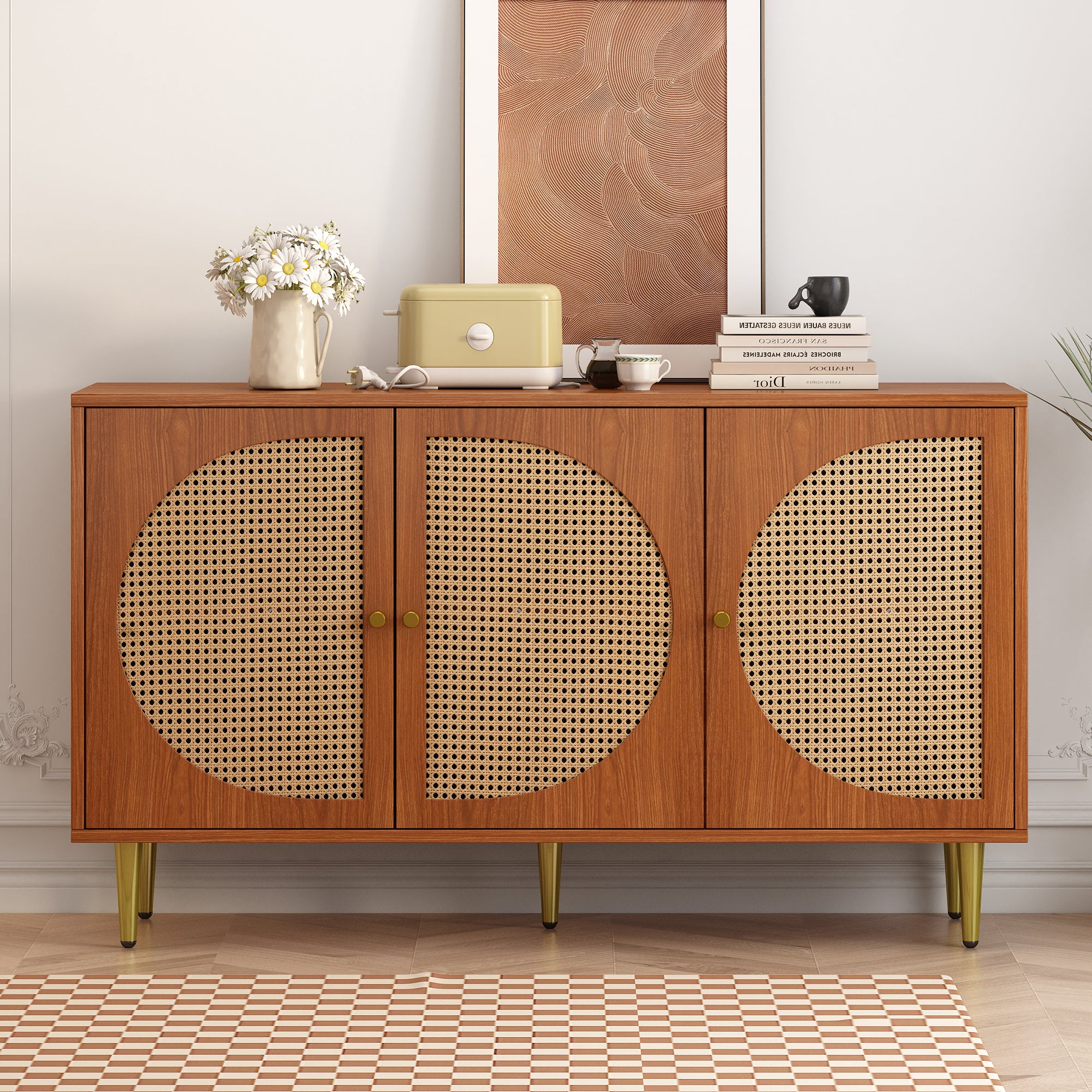 Sideboard With 3 Rattan Decorated Doors Chest Of Drawers Highboard With Metal Handles, For Bedroom & Living Rooms & Office, Walnut 129.8x 40x 76cm