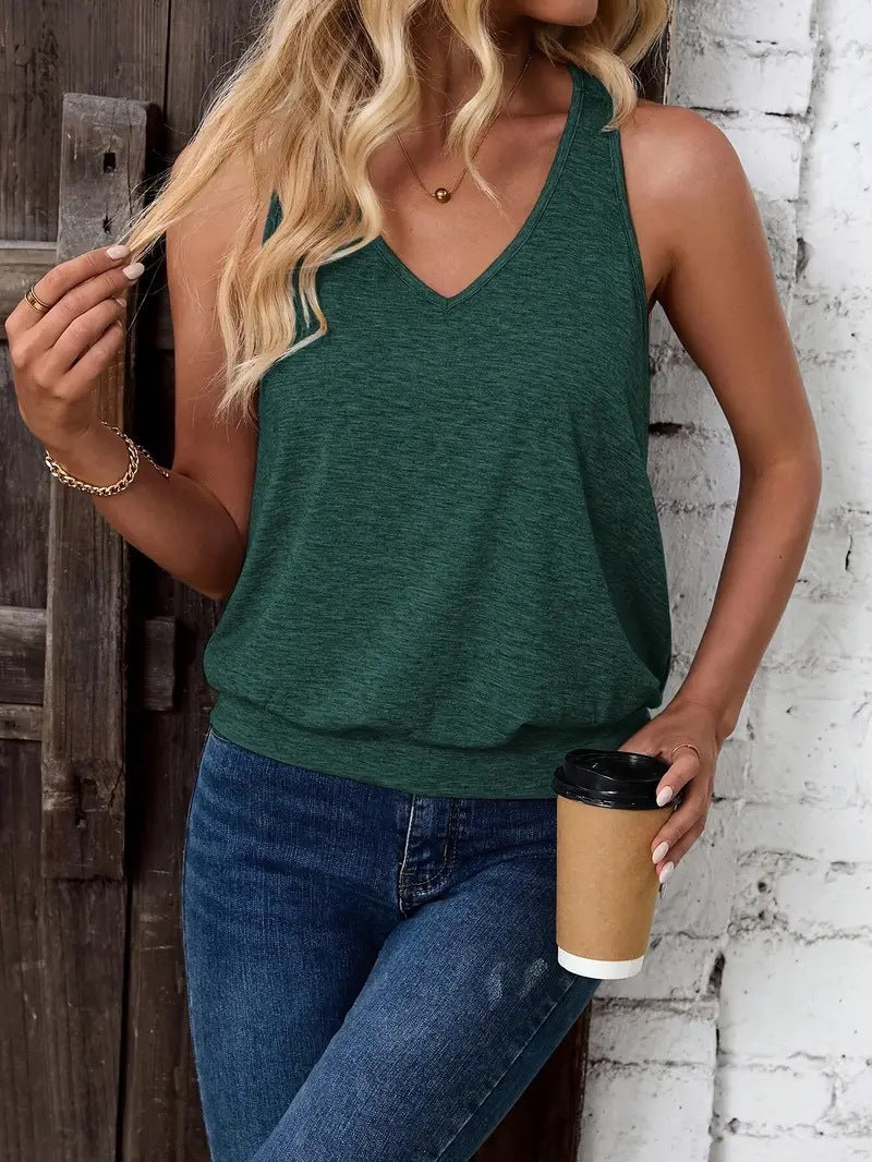 Women's V-Neck Sleeveless Blouson Hem Tank Top - Casual Loose Fit Camisole