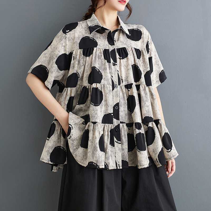 Ink Wash Print Chiffon Blouse Women Summer Loose Fit Plus Size Artistic Style Short Sleeve Top