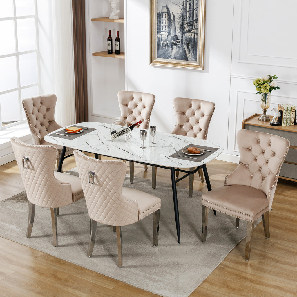 Dining Chair  Kitchen Chair Living Room Chair With Unique Doorknob On The Back, 6 Pcs , Upholstered Chair With Nail Head Set,Metal Support Legs, Velvet Cover,Beige