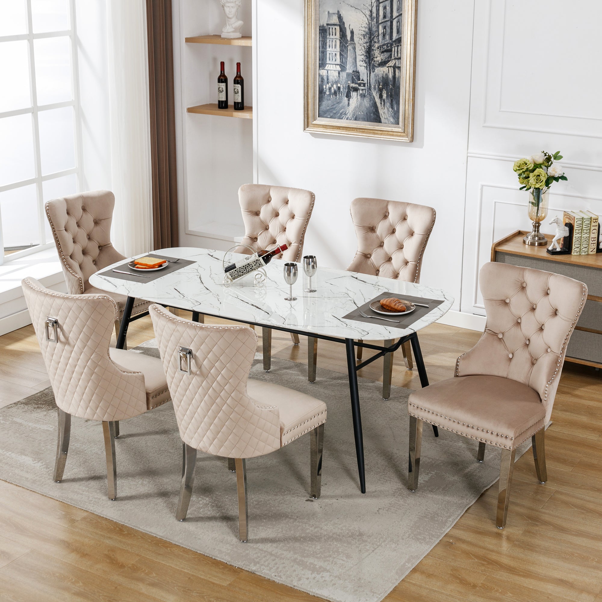 Dining Chair  Kitchen Chair Living Room Chair With Unique Doorknob On The Back, 6 Pcs , Upholstered Chair With Nail Head Set,Metal Support Legs, Velvet Cover,Beige