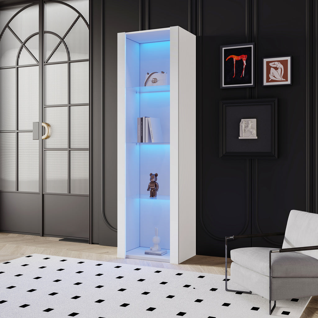 White High Gloss Display Case With LED Lighting, 3 Glass Shelves, 55x38x166 Cm, Display Cabinets, Standing Display Cabinets, Tall Cabinets, Storage Cabinets