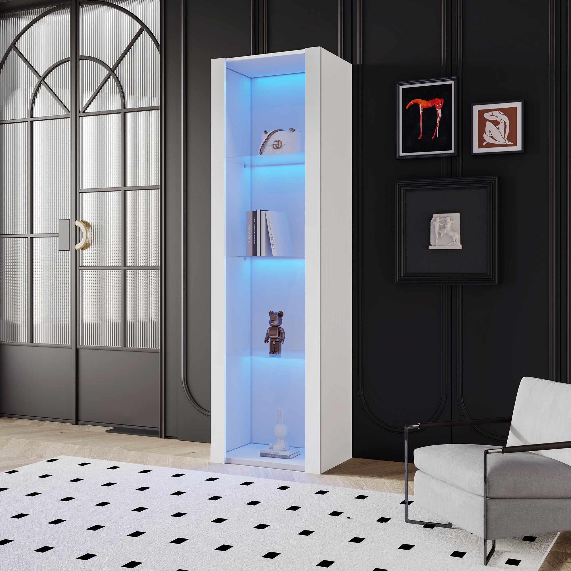 White High Gloss Display Case With LED Lighting, 3 Glass Shelves, 55x38x166 Cm, Display Cabinets, Standing Display Cabinets, Tall Cabinets, Storage Cabinets