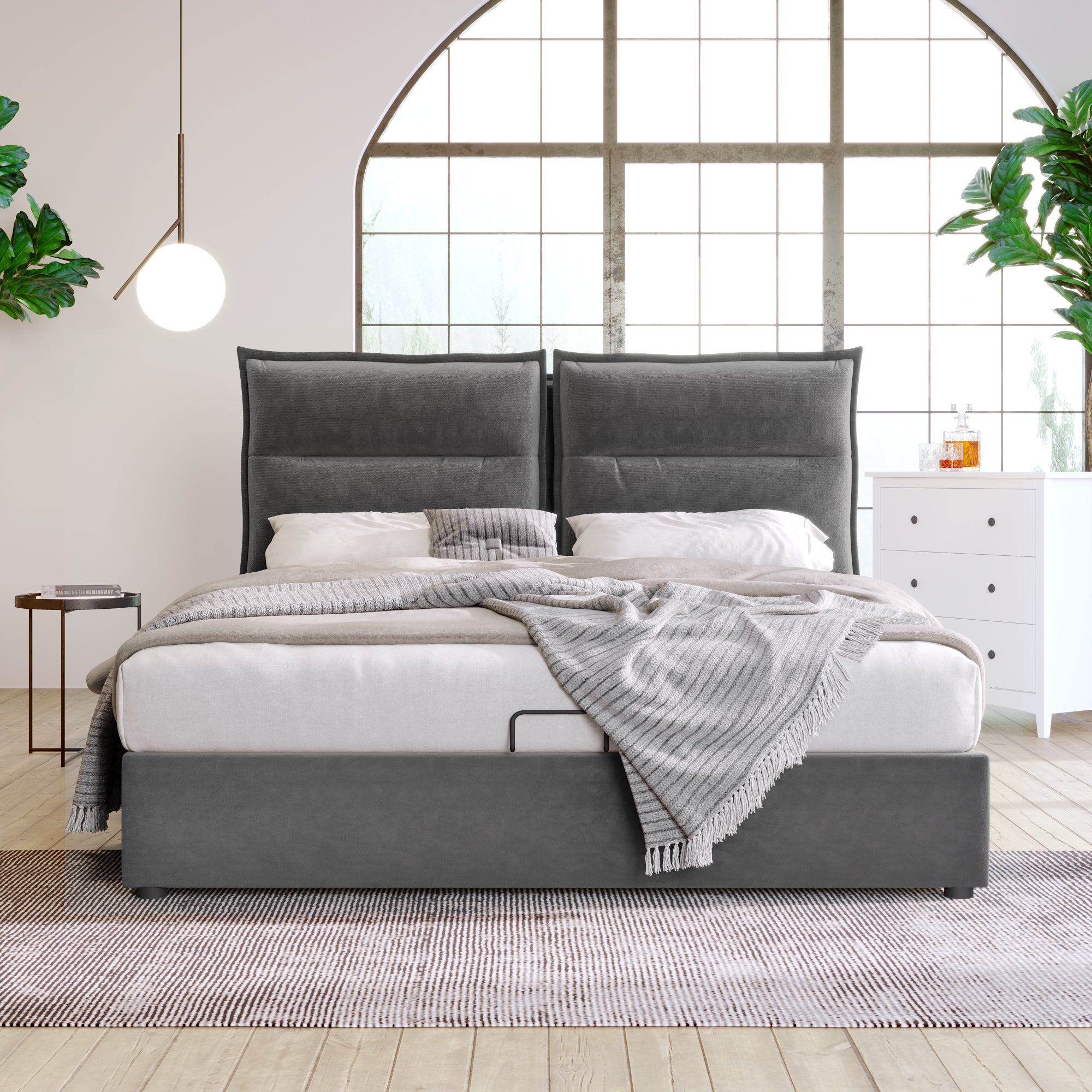 Hydraulic Double Bed Upholstered Bed 140x200cm,Adjustable Headboard, Bed With Metal Frame In Metal Frame, Velvet, Modern Bed Frame With Storage Space, Large Storage Space, Grey Without Mattress