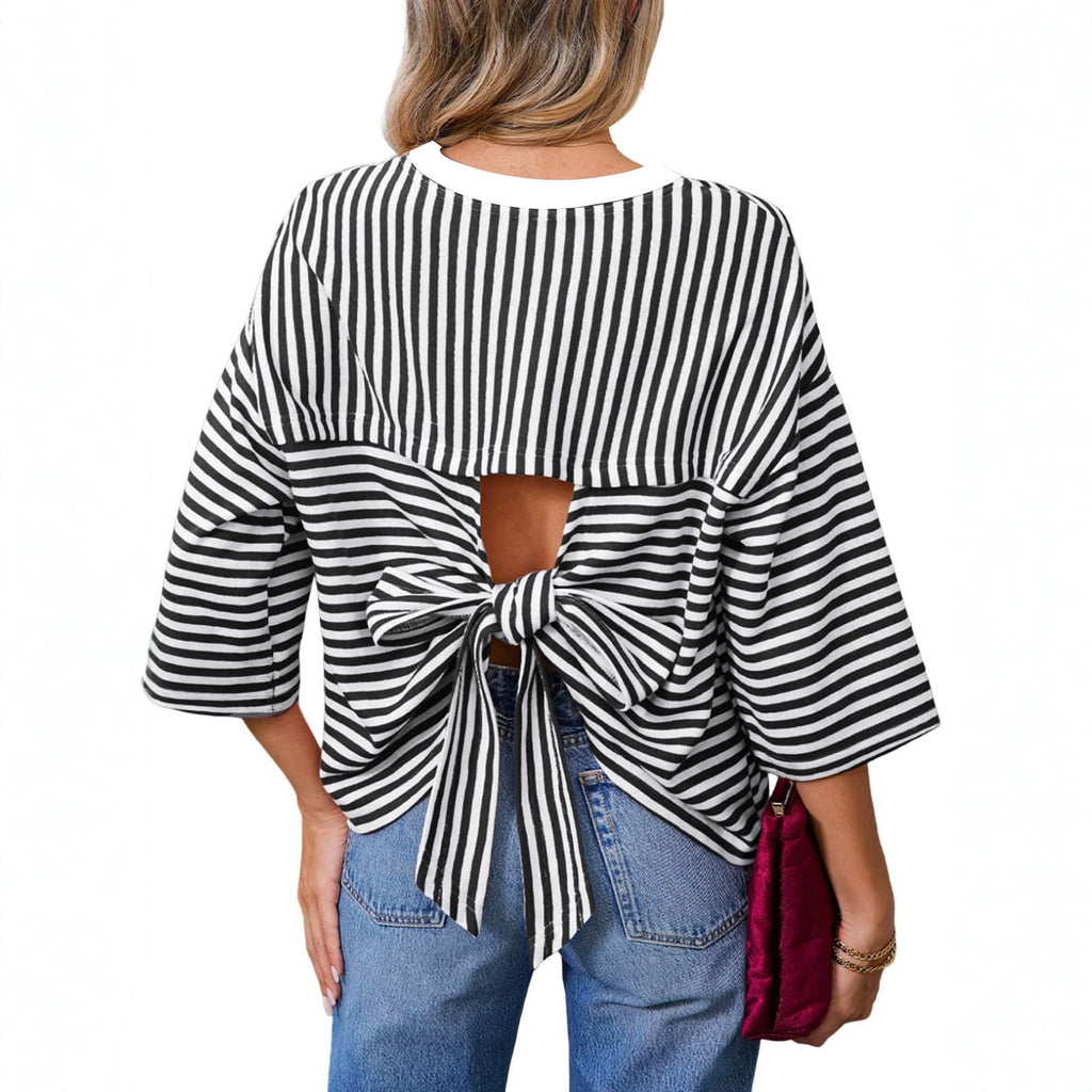 Round-neck Striped Casual Loose-fitting Top With A Back Cutout And Bow Tie Straps