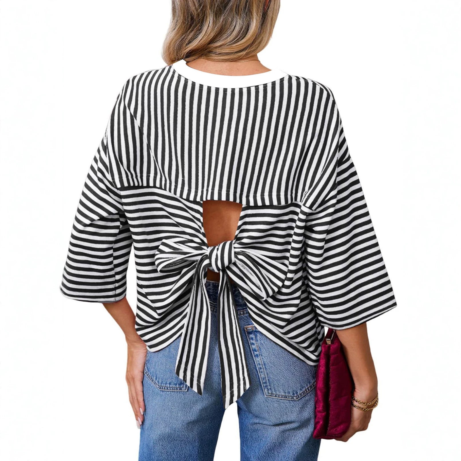 Round-neck Striped Casual Loose-fitting Top With A Back Cutout And Bow Tie Straps
