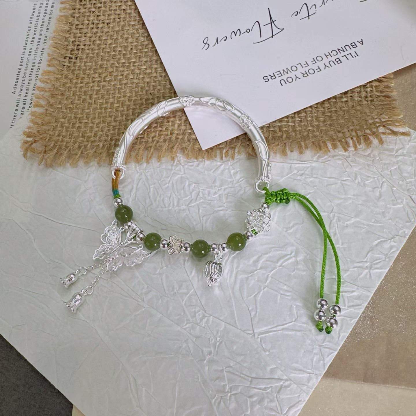 1pcs 999 Sterling Silver Half Bangle Butterfly Tassel Hetian Jade Bead Braided Bracelet, Elegant Chinese Style, For Women Hanfu Daily Wear & Anniversary Birthday Gift