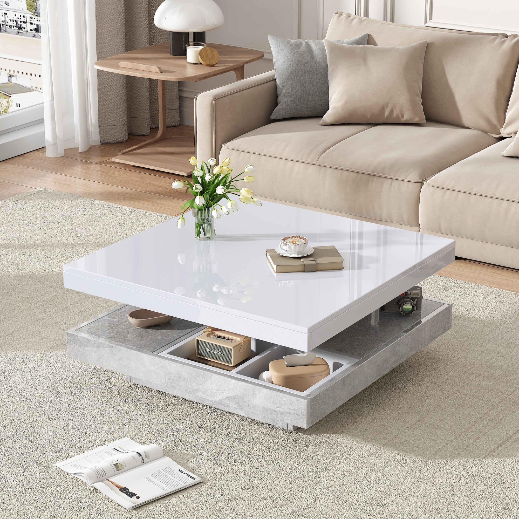 Functional Double Coffee Table With High-gloss Top Table Top Can Be Rotated 360 , Double Swivel Top With Storage Compartment, Living Room Table Top In White, Marble-coloured Chipboard