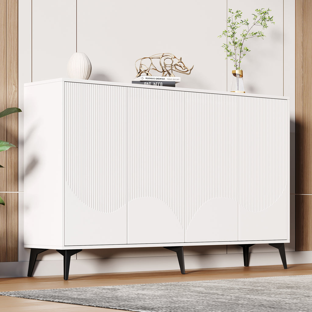 White Sideboard Width 160 Cm, Multifunctional Sideboard, Chest Of Drawers, Highboard With Adjustable Shelves, 4 Doors, Metal Legs
