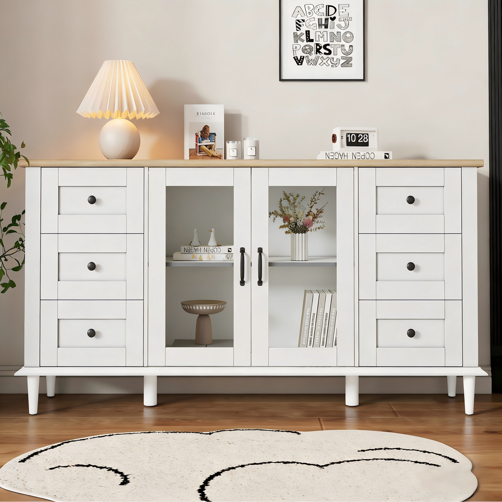 150X40X75cm Living Room Cabinet, Sideboards With 2 Acrylic Doors, 6 Drawer, LED Lights, Dining Room Cabinet, Wide Lockers, Versatile Sofa Side Cabinet, White-Wood Tone