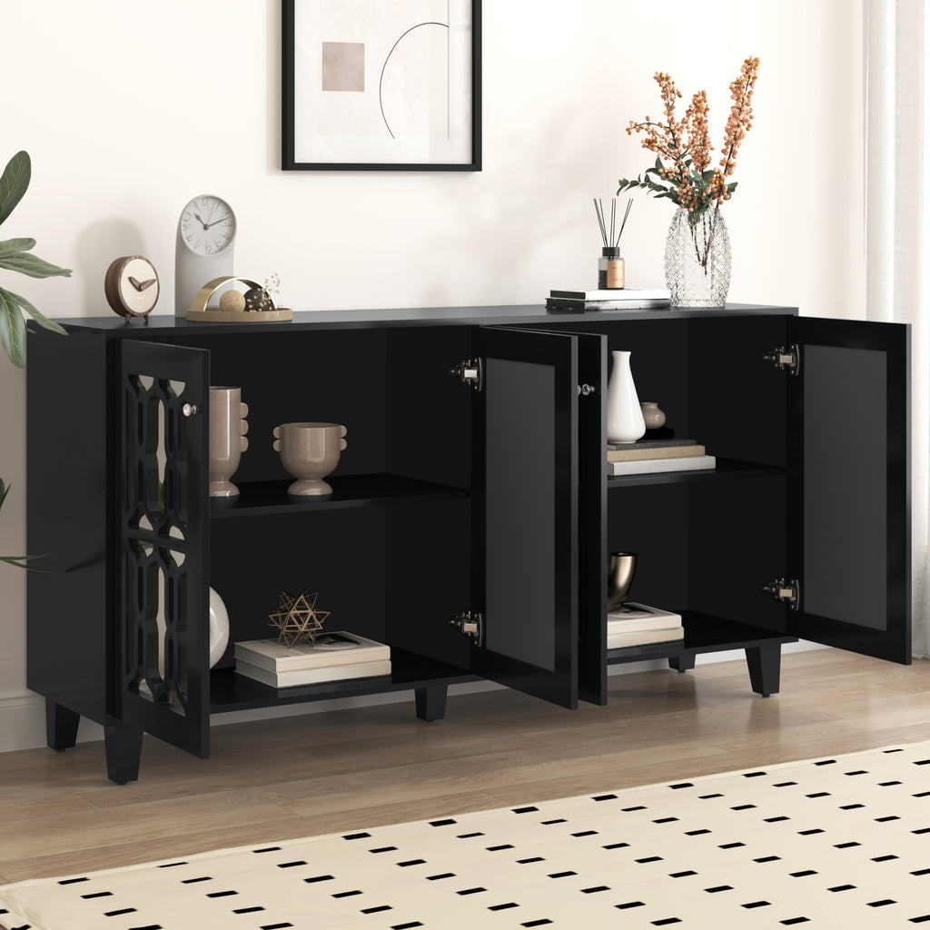 Schwarz Verspiegelte Anrichte Mit Kuhlen Kristallgriffen, Vier Turen, Mit Beweglichem Laminat.fur Wohn- Und Esszimmer, 160 X 40 X 84cm