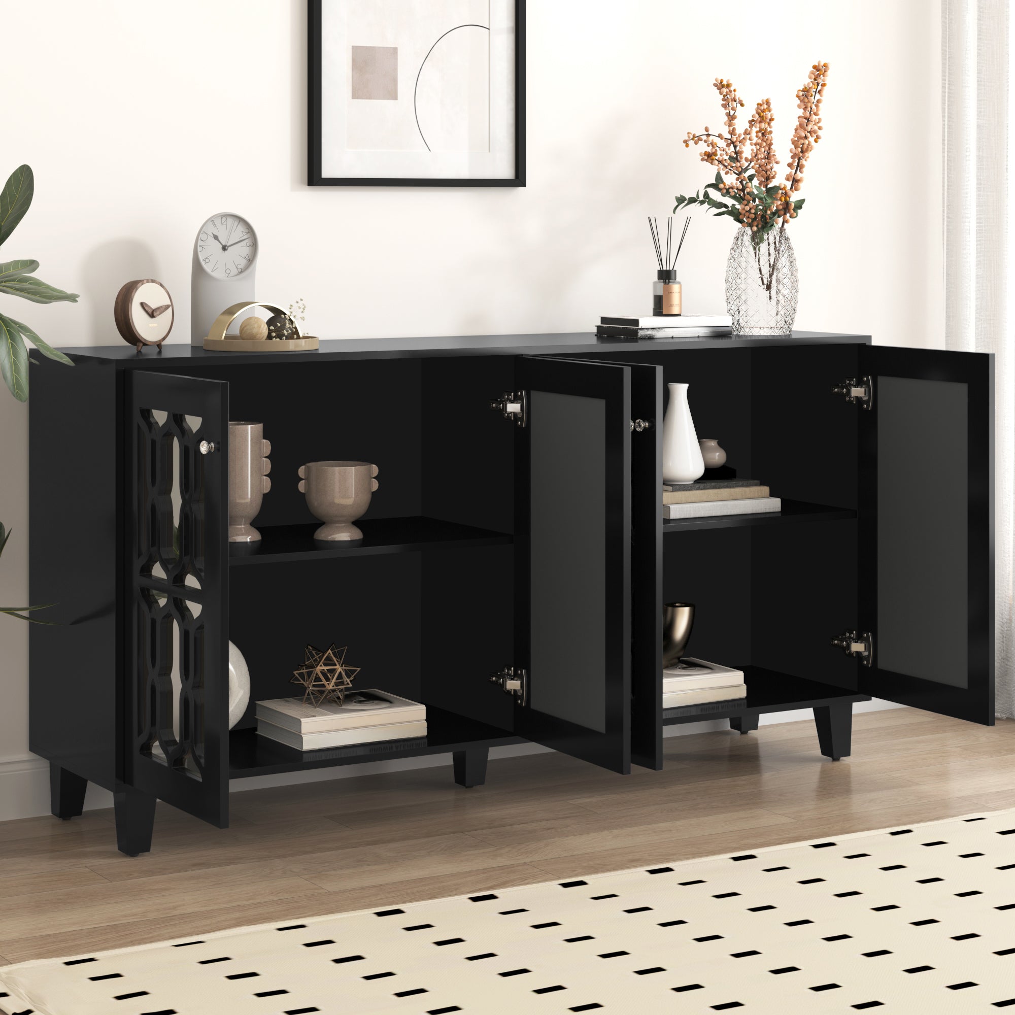 Schwarz Verspiegelte Anrichte Mit Kuhlen Kristallgriffen, Vier Turen, Mit Beweglichem Laminat.fur Wohn- Und Esszimmer, 160 X 40 X 84cm