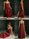 Solid Color V Neck Spaghetti Strap Maxi Dress Women Casual Flared Hem Long Dress