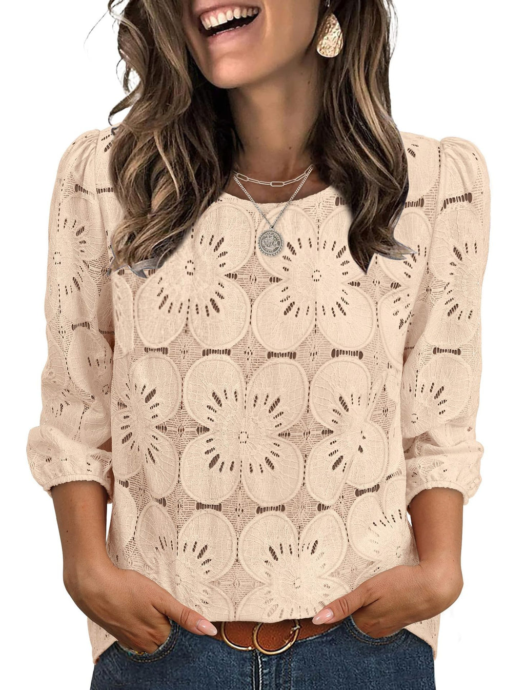 Womens Solid-color Casual Hollow-out Lace Three-quarter-sleeve Crew-neck Top