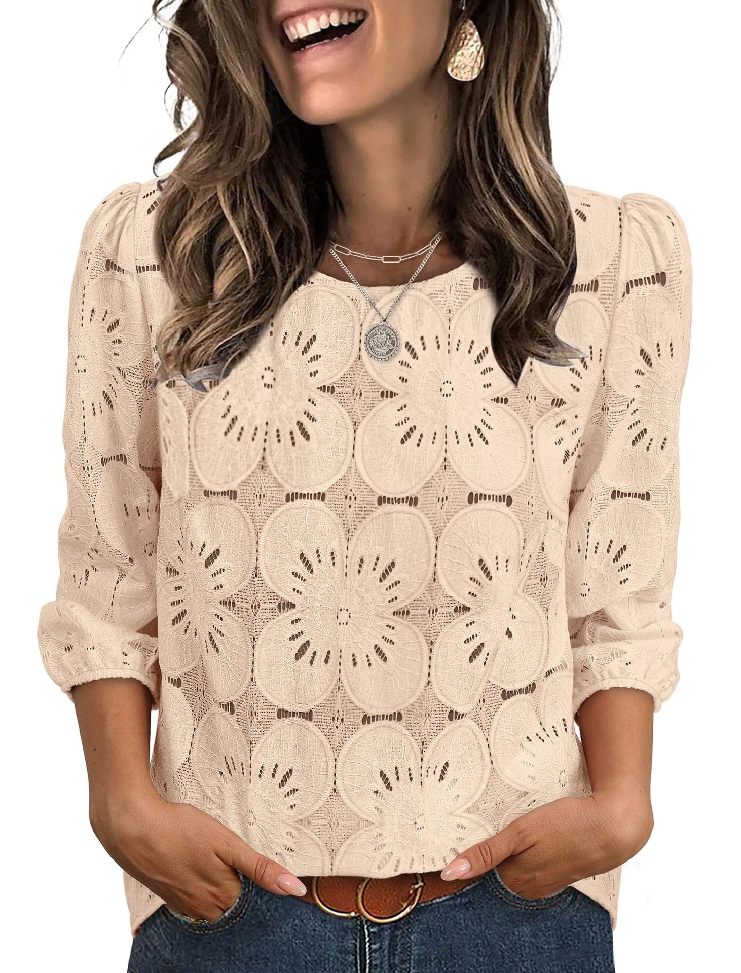 Womens Solid-color Casual Hollow-out Lace Three-quarter-sleeve Crew-neck Top
