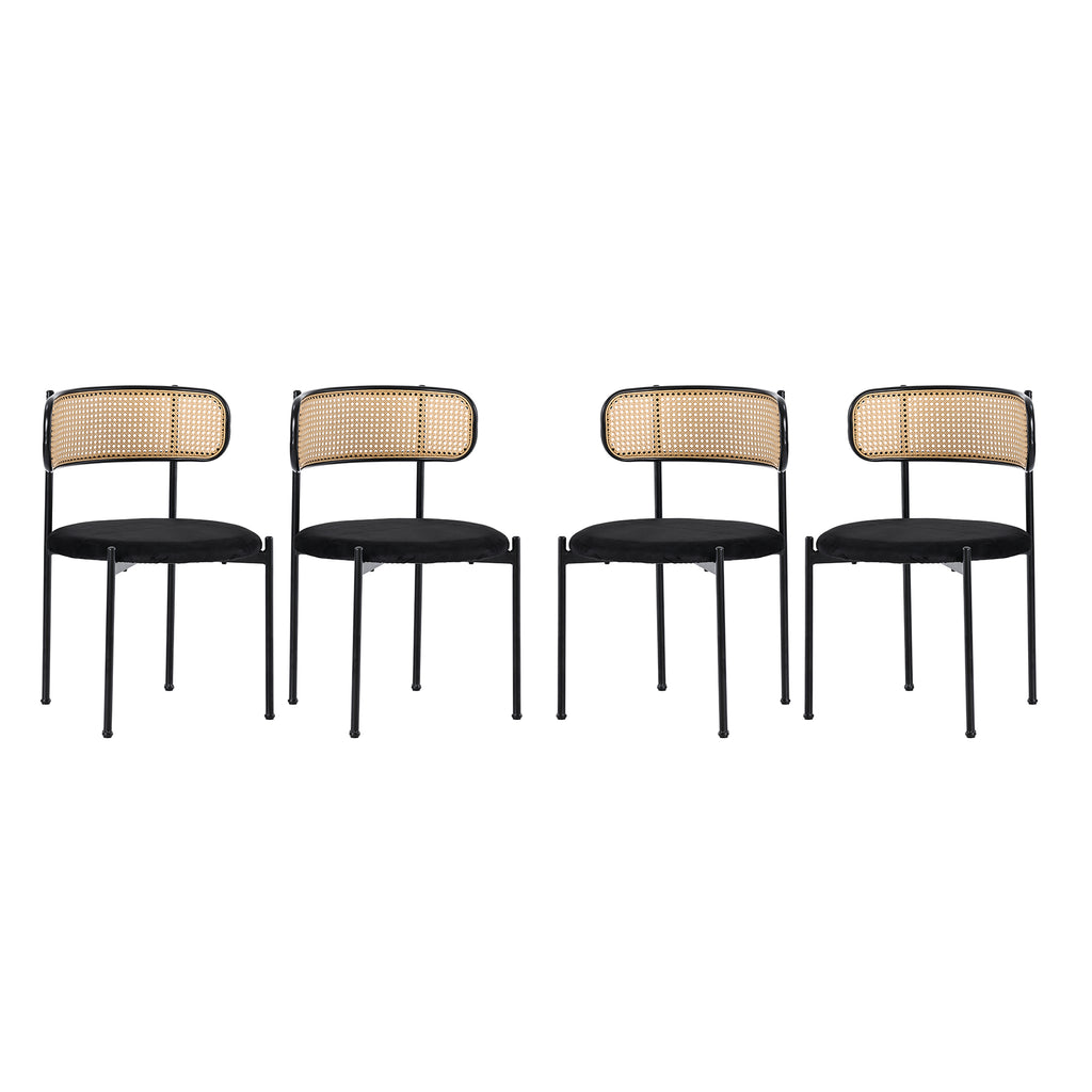 Velvet Dining Chair, Set Of 4, Modern Simple Leisure Chair With Four Metal Support Legs, Rattan Leisure Chair, Living Room And Bedroom Chair, Black