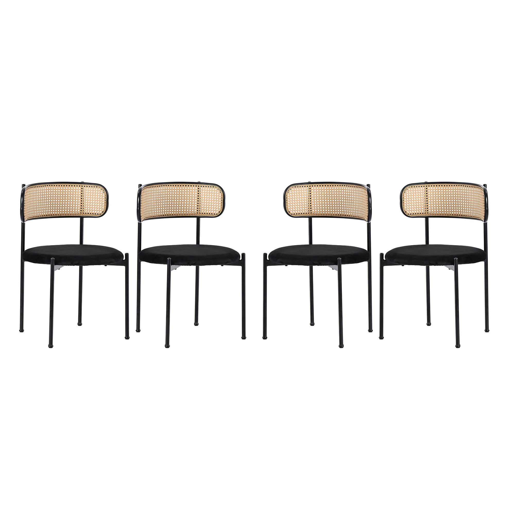Velvet Dining Chair, Set Of 4, Modern Simple Leisure Chair With Four Metal Support Legs, Rattan Leisure Chair, Living Room And Bedroom Chair, Black