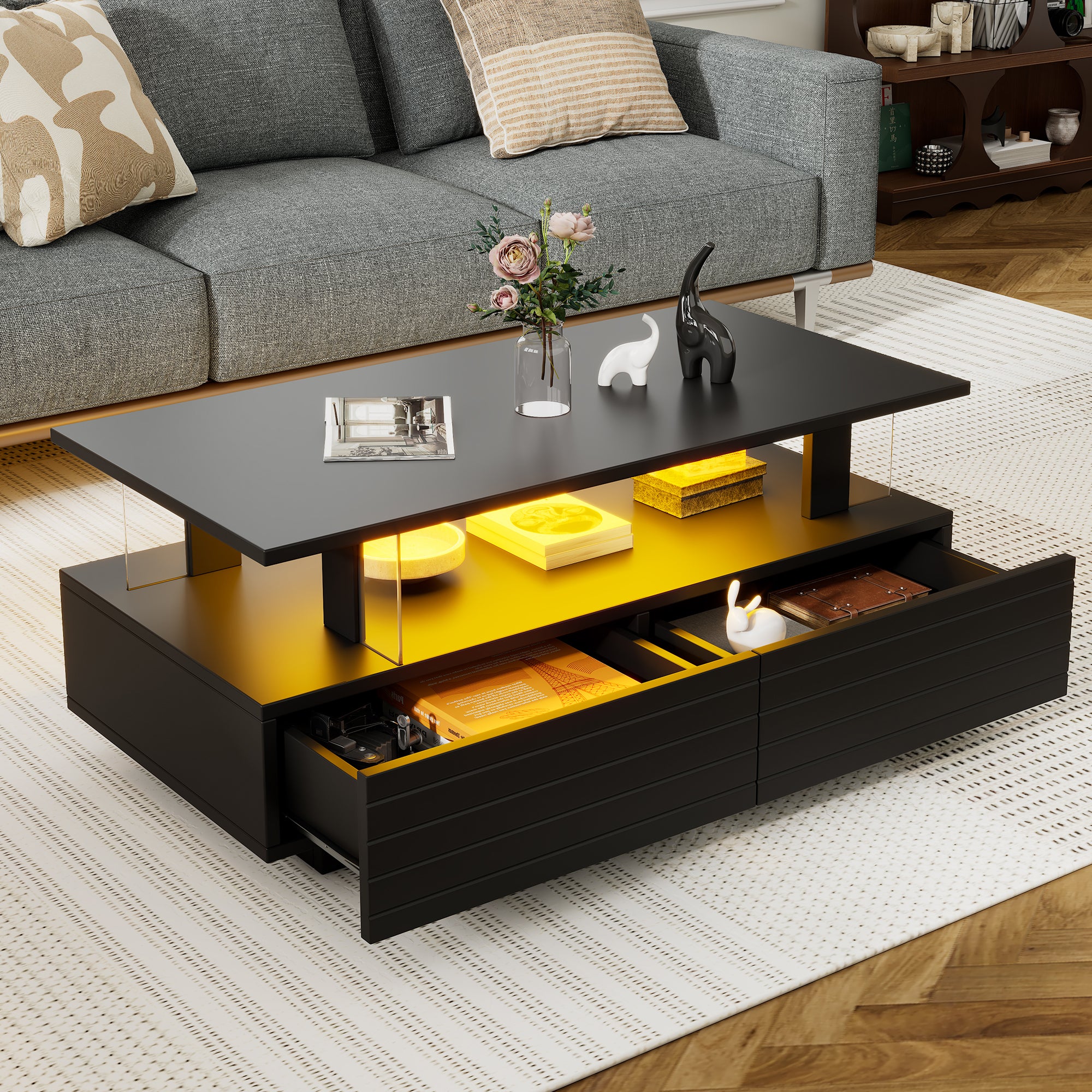 Black LED Coffee Table With Storage Function, Acrylic LED Living Room Table, Bistell Table, Double Layer Rectangular Coffee Table With Bluetooth Mobile Phone App Control, Suitable For Parties, Offices