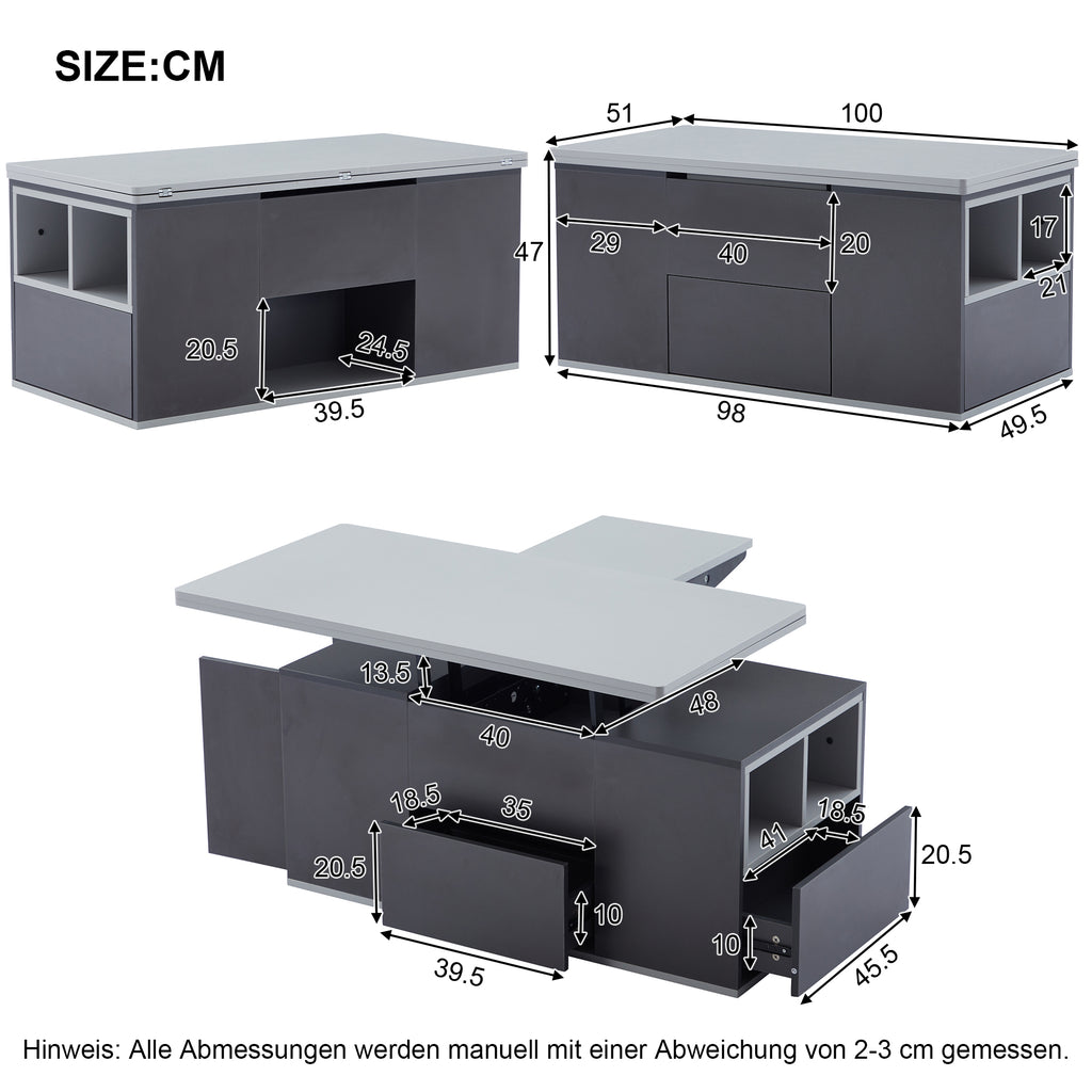 313593594GAAHebable Multifunction Coffee Table - Table Top Opens To 2 Tables, Dark Grey  Light Grey, Large Capacity, Modern Living Room Furniture, Office Dining Table Side Table Multifunction Table