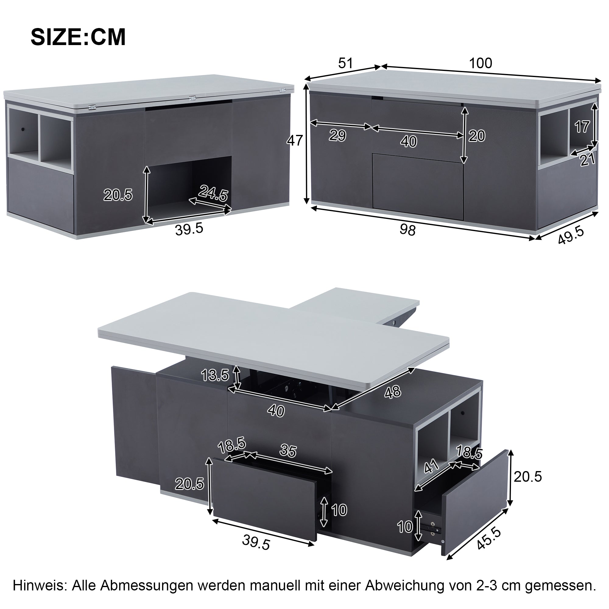 313593594GAAHebable Multifunction Coffee Table - Table Top Opens To 2 Tables, Dark Grey  Light Grey, Large Capacity, Modern Living Room Furniture, Office Dining Table Side Table Multifunction Table