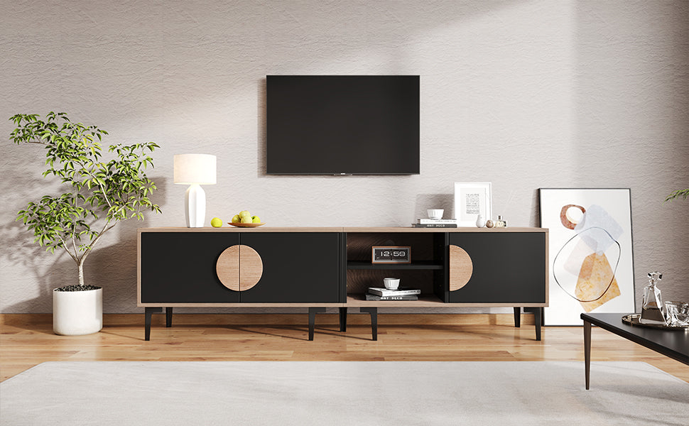 Lowboard TV Cabinet, TV Stand For The Living Room, TV Cabinet With 2 Cabinets, TV Board With Open Shelves, Wood Color  Black, Suitable For 80-inch TVs