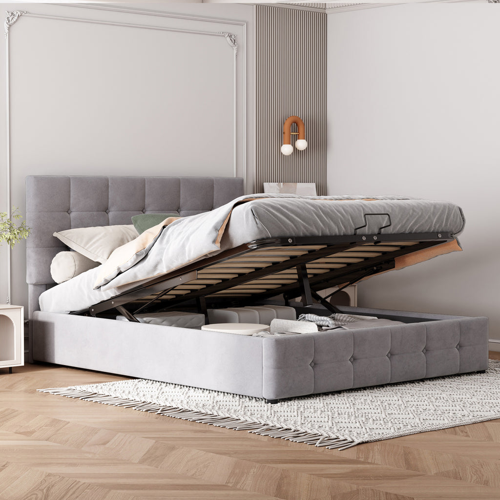 Upholstered Bed 140x200, Double Bed With Hydraulically Liftable Bed Storage Space, Height-adjustable Upholstered Headboard, Metal Slatted Frame, Skin-friendly Velvet Fabric Double Bed Youth Bed
